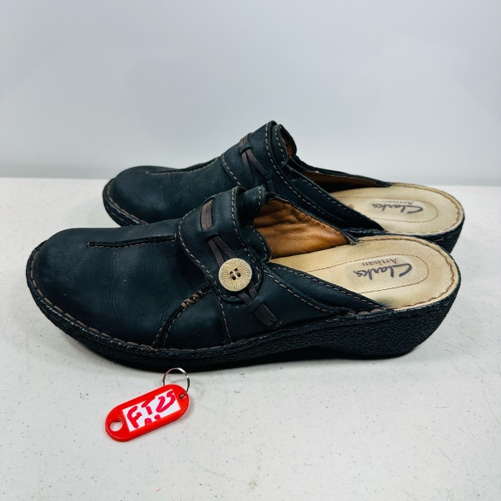 CLARKS Artisan Black Leather Slip On Mules Womens 9 Women's